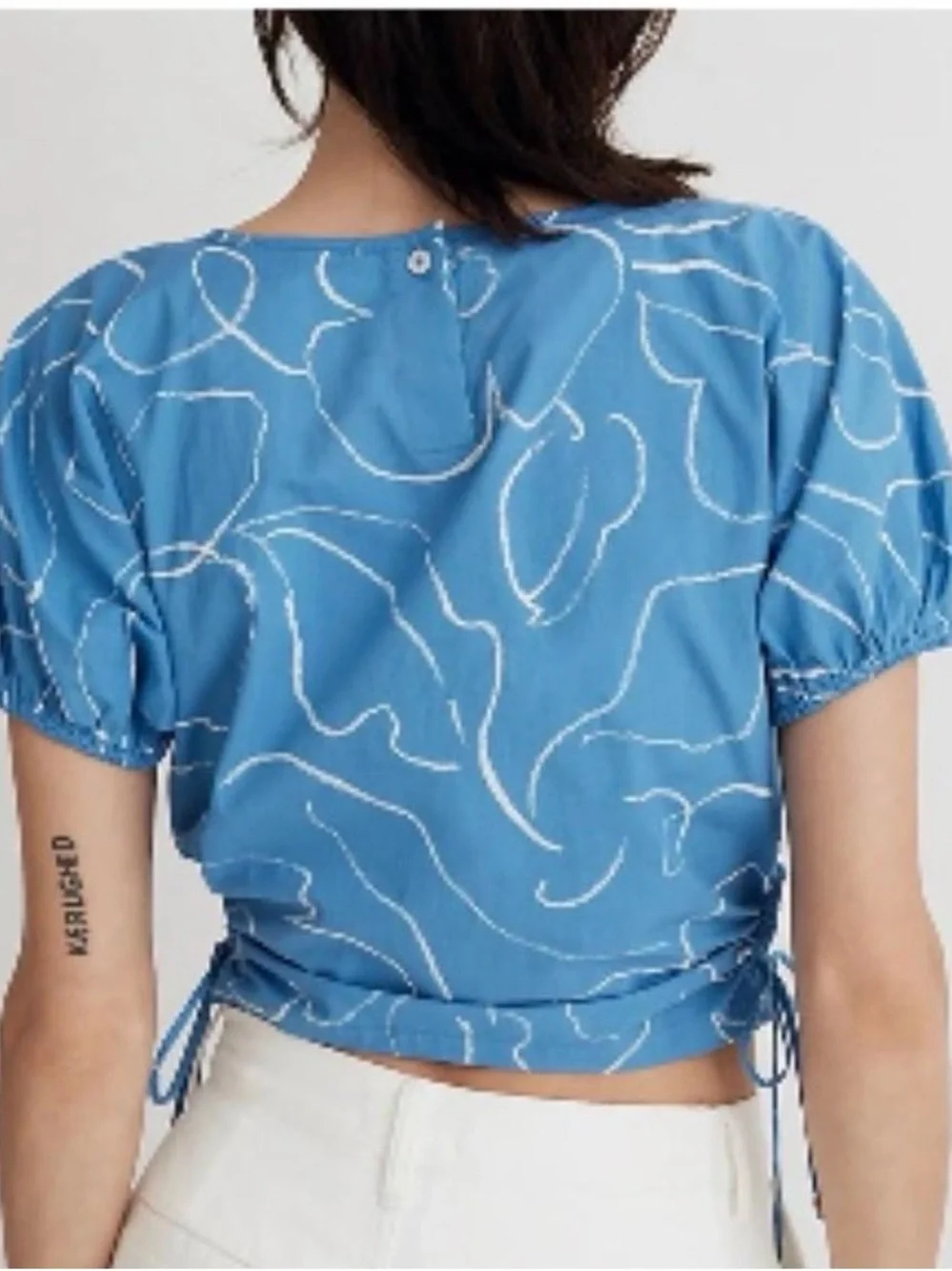 Madewell Blue Floral Drawstring Puff Sleeve Crop Top